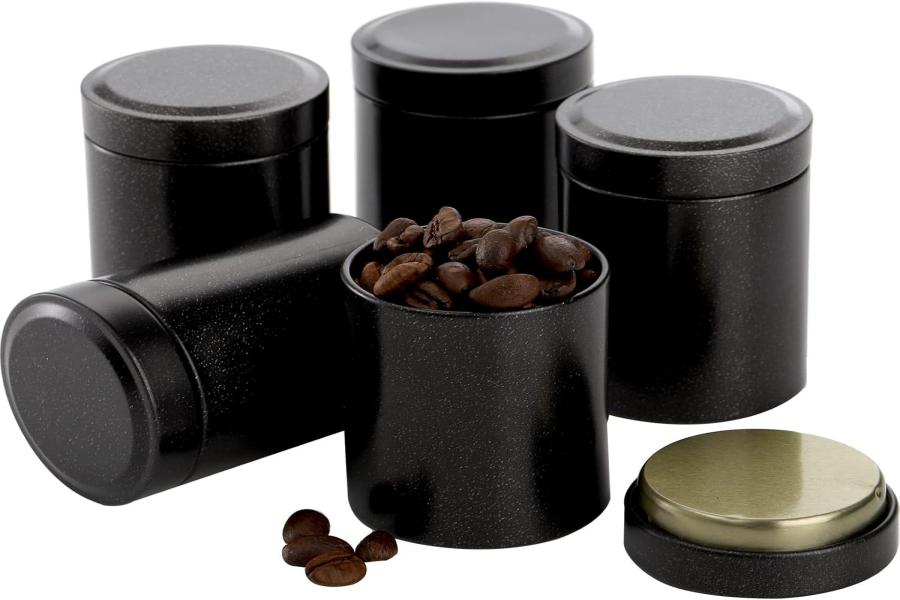 Black metal coffee bean round tins