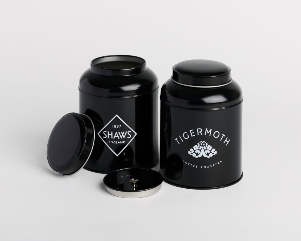 printed black metal tins
