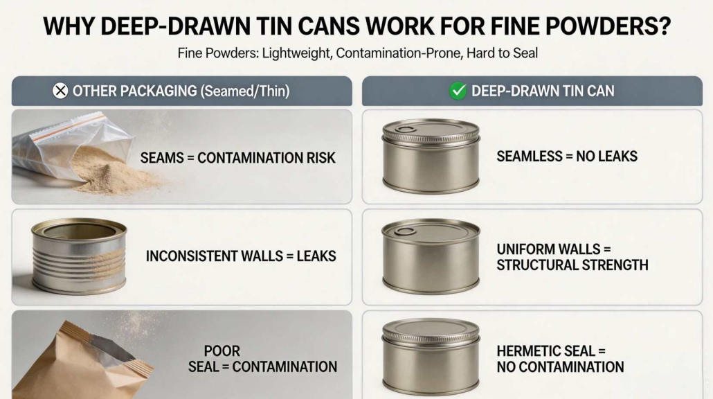 Why Are Deep-Drawn Tin Cans Particularly Effective for Fine Powders