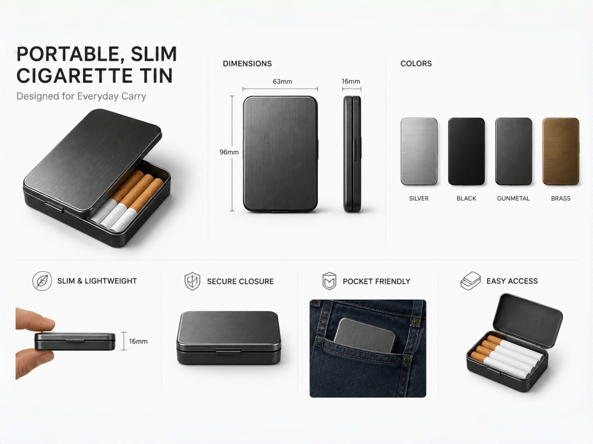 portable, slim cigarette tin
