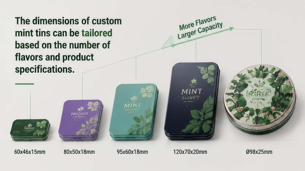 The dimensions of custom mint tins can be tailored based on the number of flavors and product specifications (1)