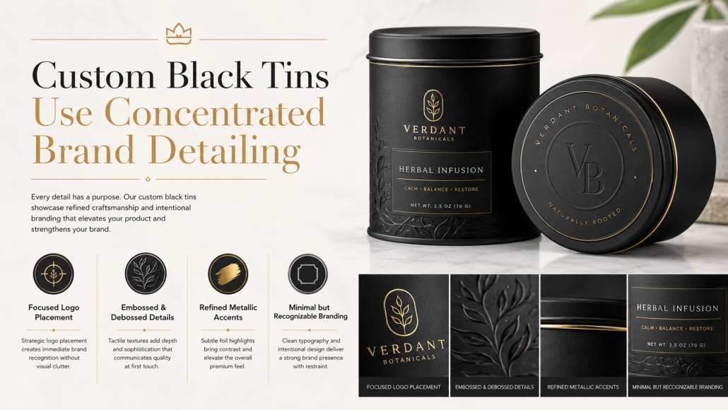 Custom Black Tins Use Concentrated Brand Detailing