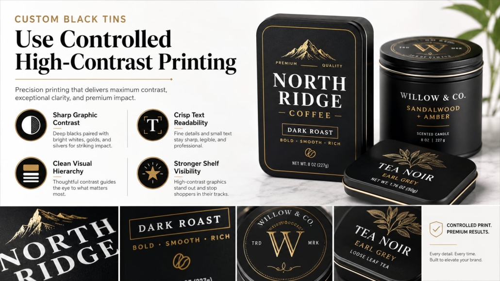Custom Black Tins Use Controlled High-Contrast Printing