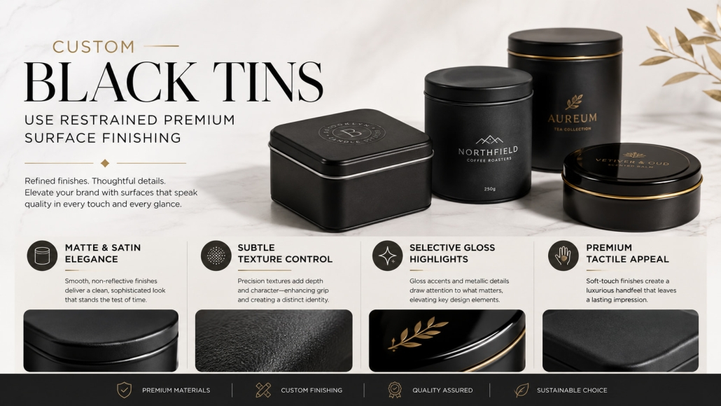 Custom Black Tins Use Restrained Premium Surface Finishing