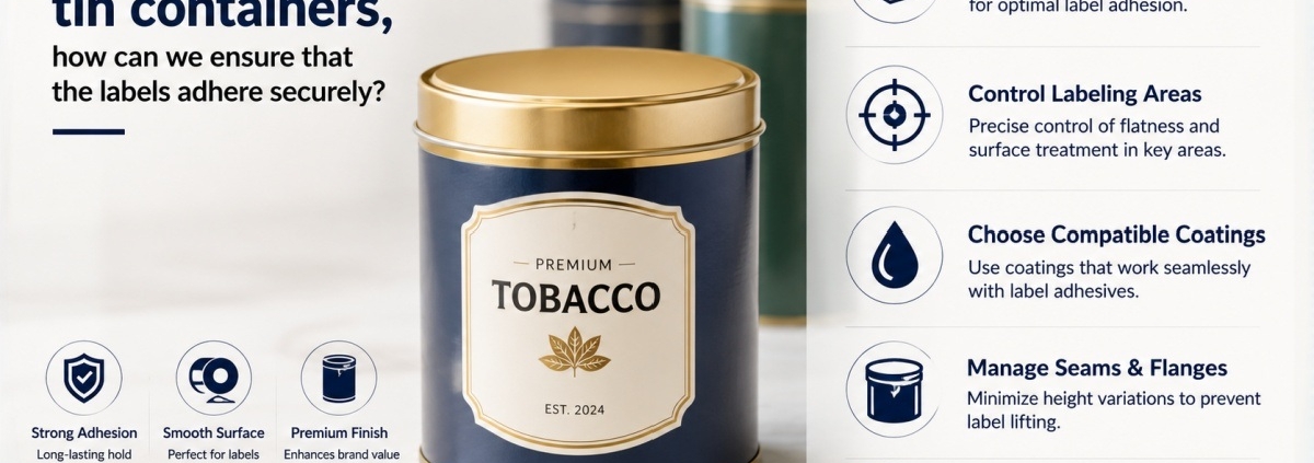 For label-friendly tin containers, how can we ensure that the labels adhere securely