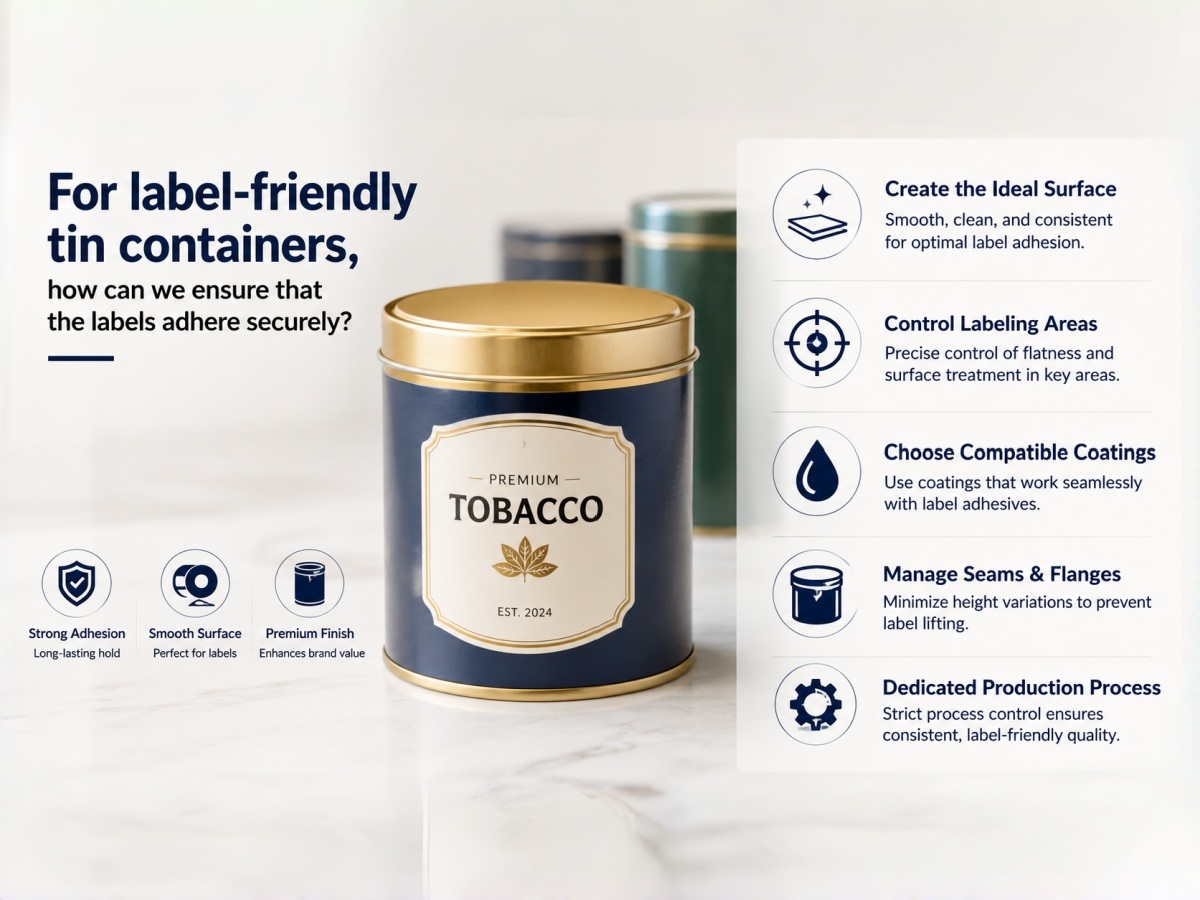 For label-friendly tin containers, how can we ensure that the labels adhere securely