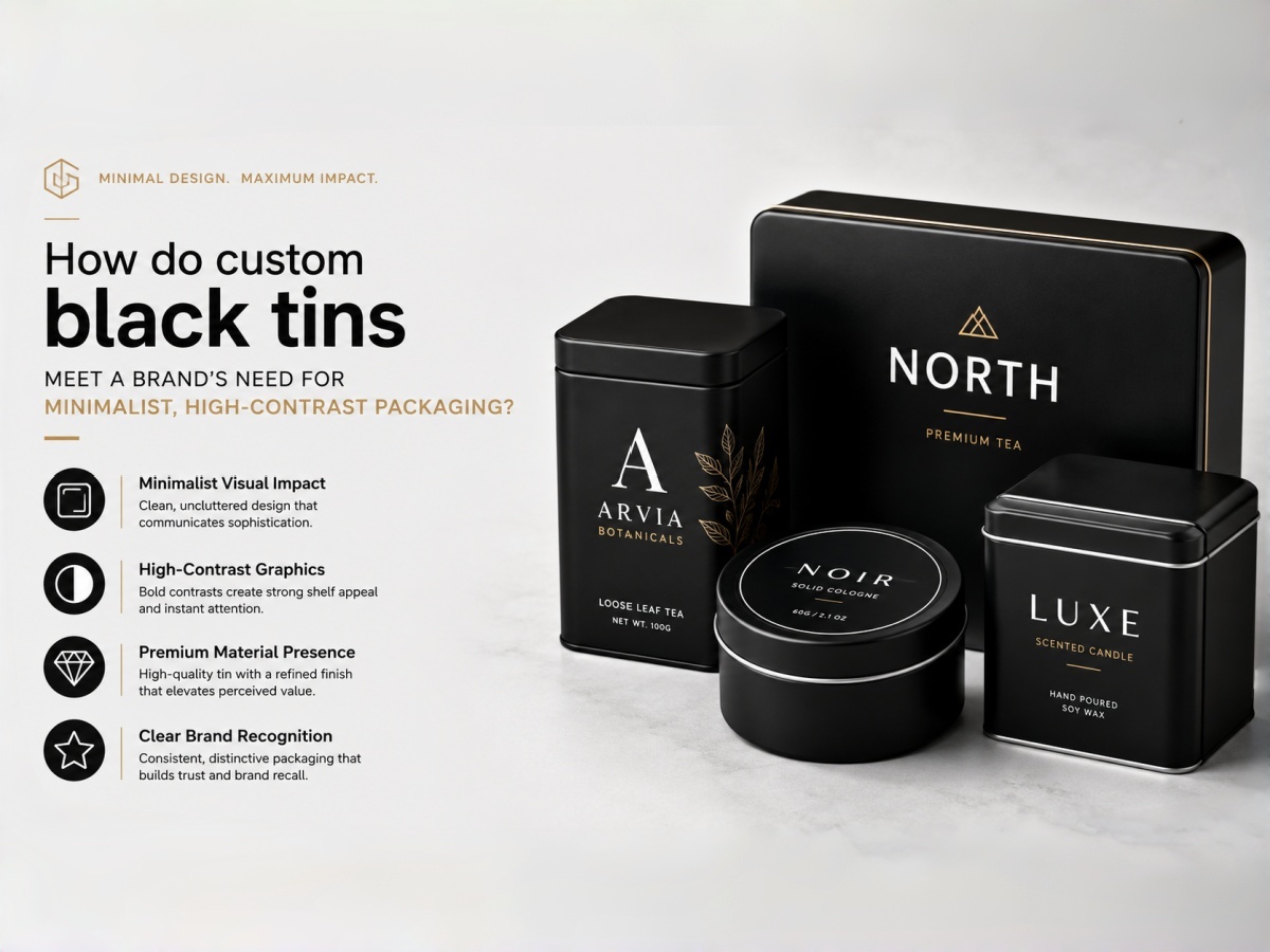 How do custom black tins meet a brand's need for minimalist, high-contrast packaging