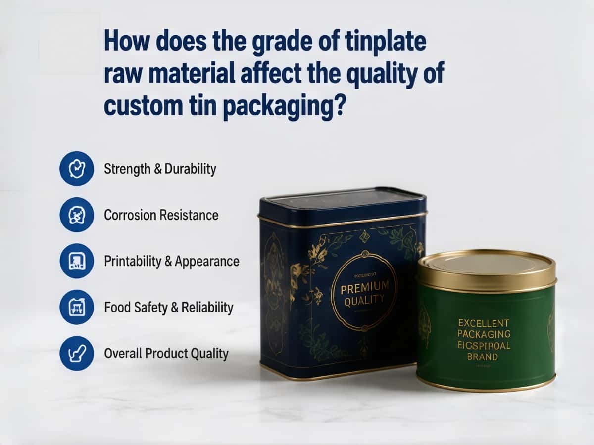 How does the grade of tinplate raw material affect the quality of custom tin packaging
