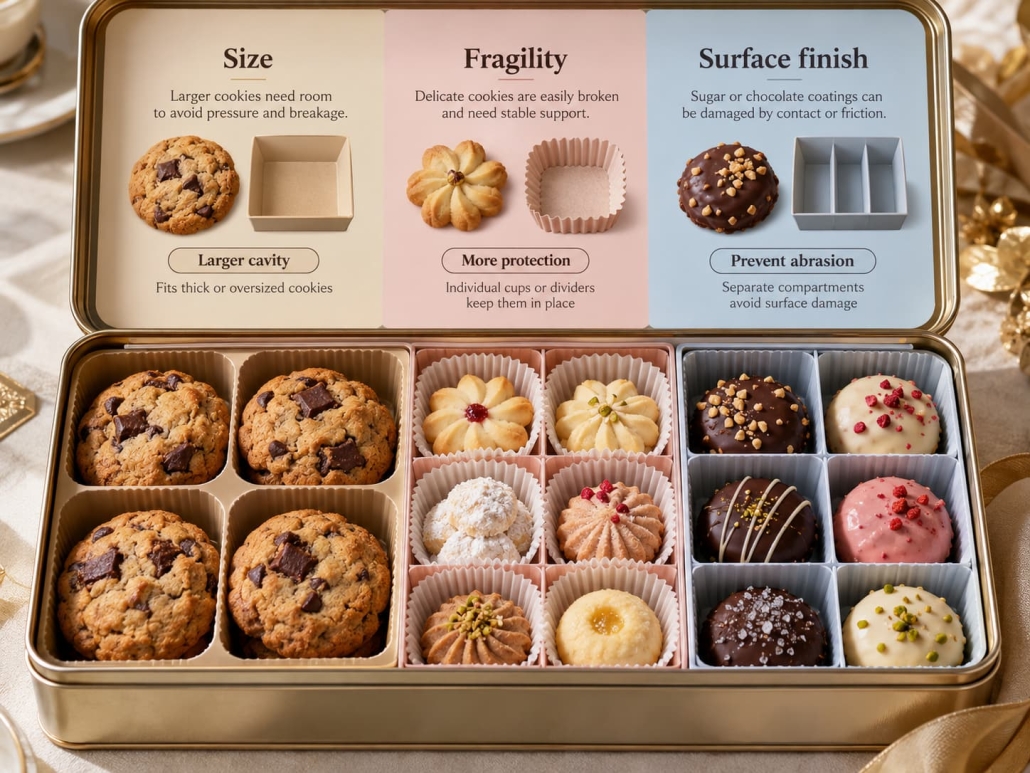Compartmentalizing Assorted Cookie Tin Packaging Based on Size, Fragility, and Surface Characteristics