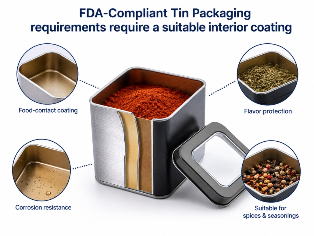 FDA-Compliant Tin Packaging requirements require a suitable interior coating