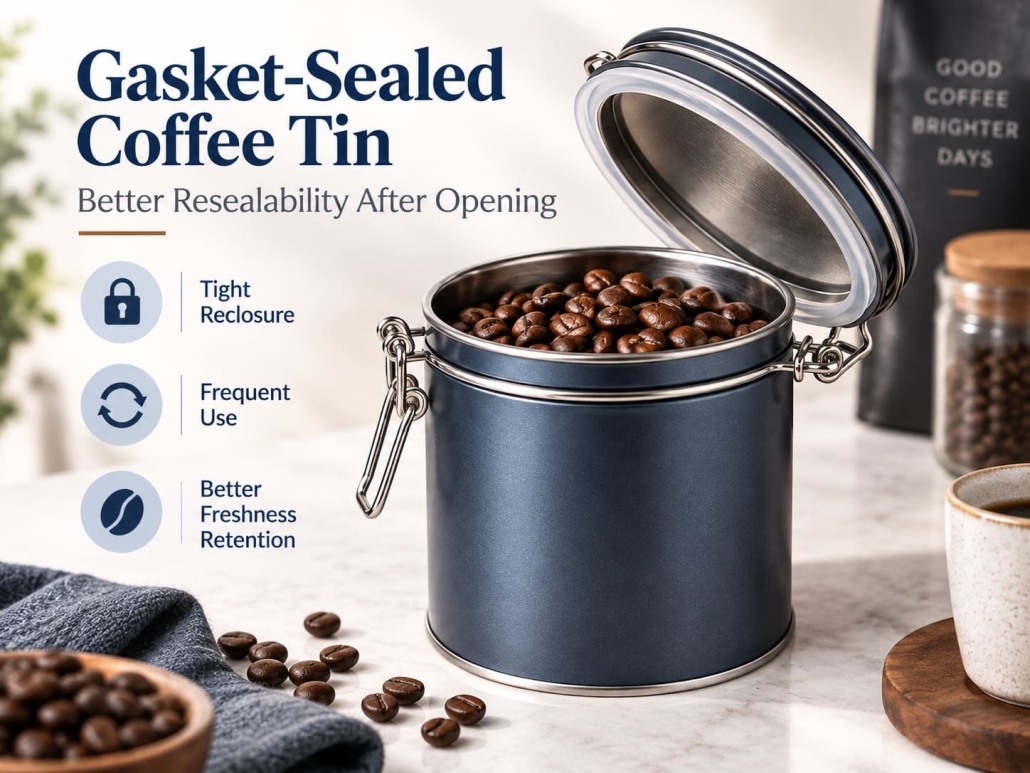 Gasket-sealed coffee tin provide better resealability after opening