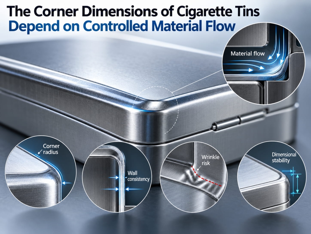 The Corner Dimensions of Cigarette Tins Depend on Controlled Material Flow