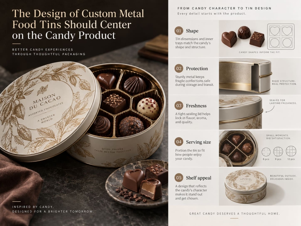 The Design of Custom Metal Food Tins Should Center on the Candy Product