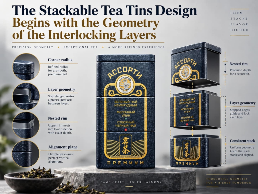 The Stackable Tea Tins Design Begins with the Geometry of the Interlocking Layers