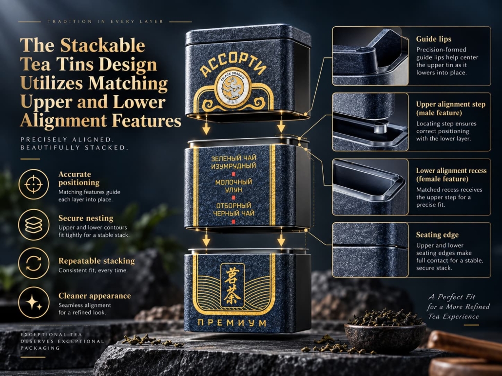 The Stackable Tea Tins Design Utilizes Matching Upper and Lower Alignment Features