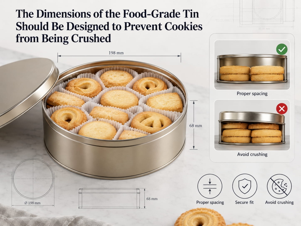 The dimensions of the food-grade tin should be designed to prevent cookies from being crushed
