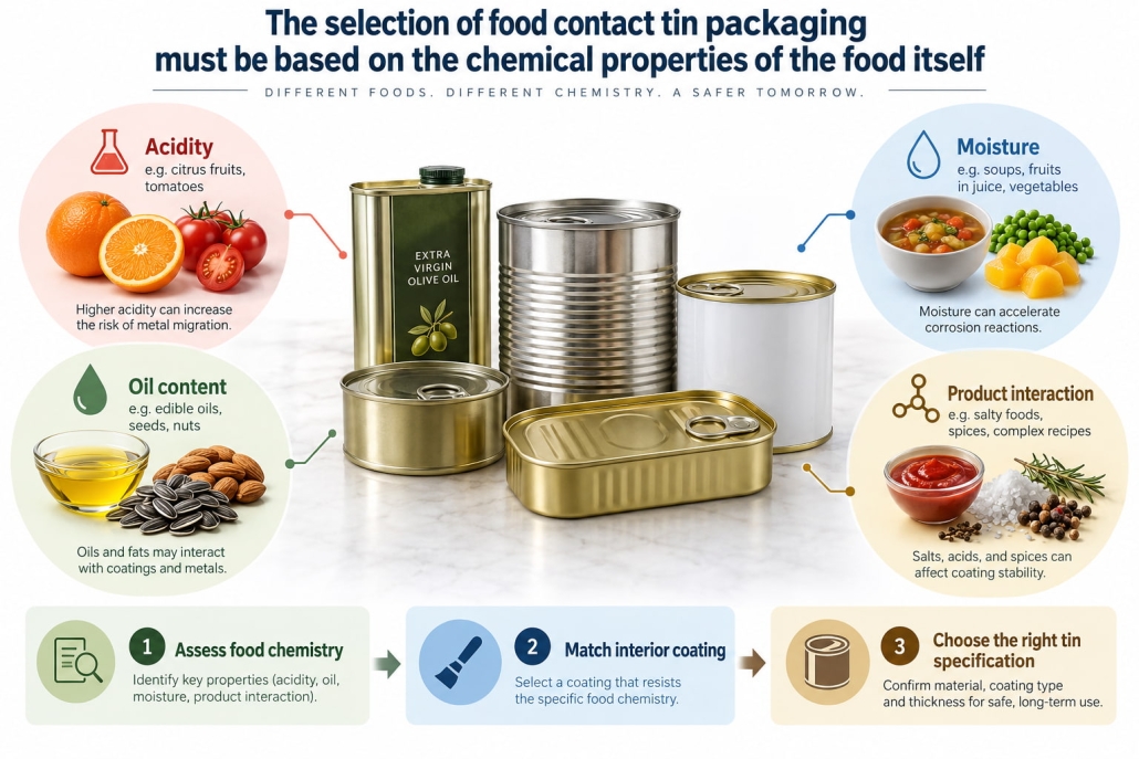 The selection of food contact tin packaging must be based on the chemical properties of the food itself