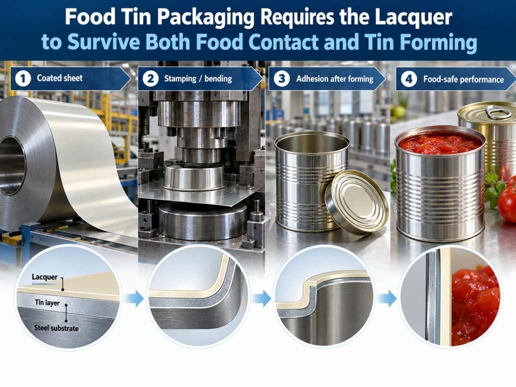 Food Tin Packaging Requires the Lacquer to Survive Both Food Contact and Tin Forming