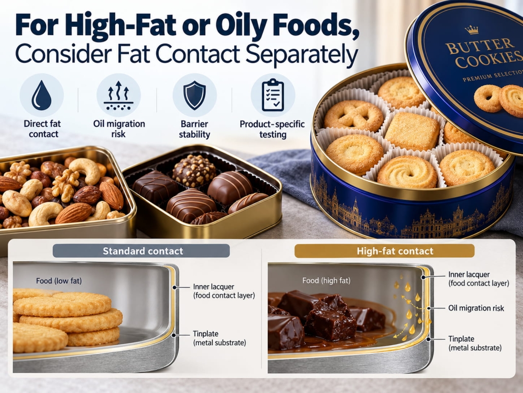 For high-fat or oily foods, consider the issue of fat contact separately
